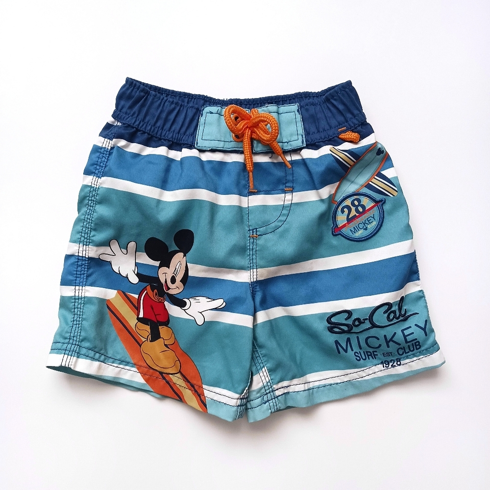 Disney Store Mickey Mouse Surf Club Swim Trunks Shorts Boys 2T Teal Blue
